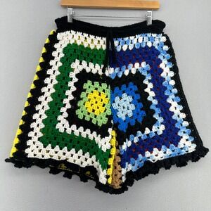 HANDMADE Crochet Granny Square Vintage Blanket Shorts SZ 32" Artcore Festival